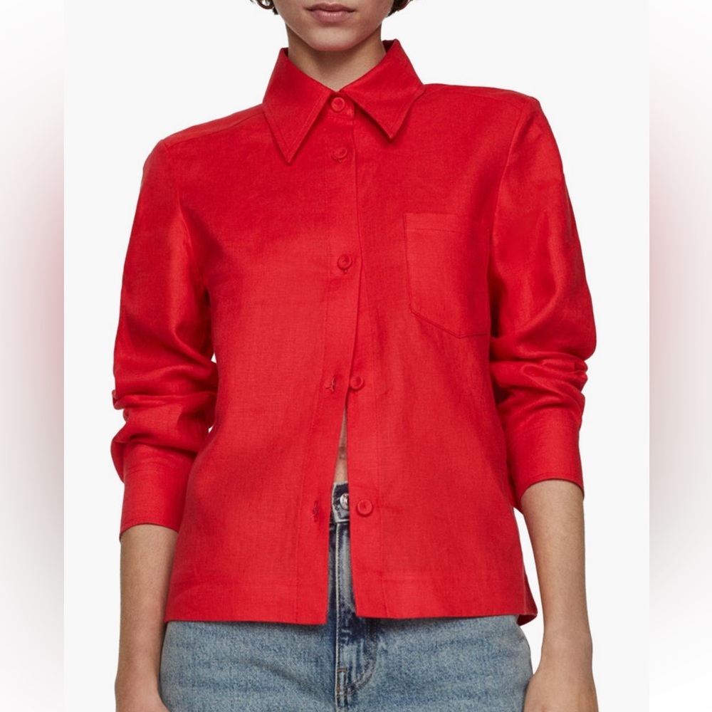 Mango Linen Button Up Shirt Coral Red 8 - Picture 3 of 5